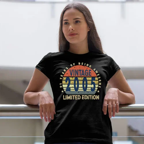 Ladies 21 Years of Being Awesome Birthday T Shirt in black with full-colour vintage 2005 graphic, regular fit, front view