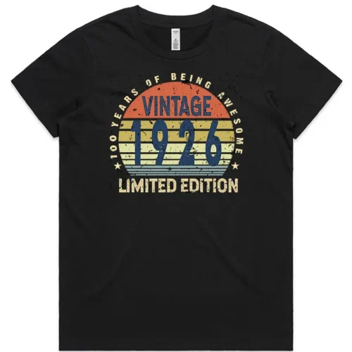 Black ladies T shirt featuring “100 Years of Being Awesome” vintage design, funny 100th birthday gift tee for women.