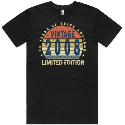 Black men’s 18 Years of Being Awesome T Shirt with a full-colour vintage-style 18th birthday graphic printed on the front