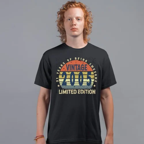 Men’s 21 Years of Being Awesome Birthday T Shirt in black with full-colour vintage 2005 graphic, regular fit, front view
