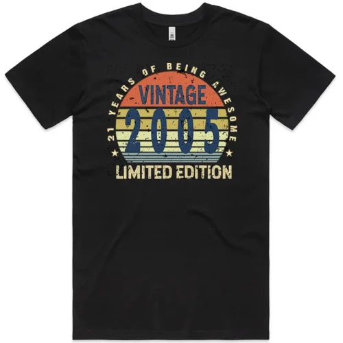 Men’s 21 Years of Being Awesome Birthday T Shirt in black with vintage 2005 graphic, regular fit, flat front view