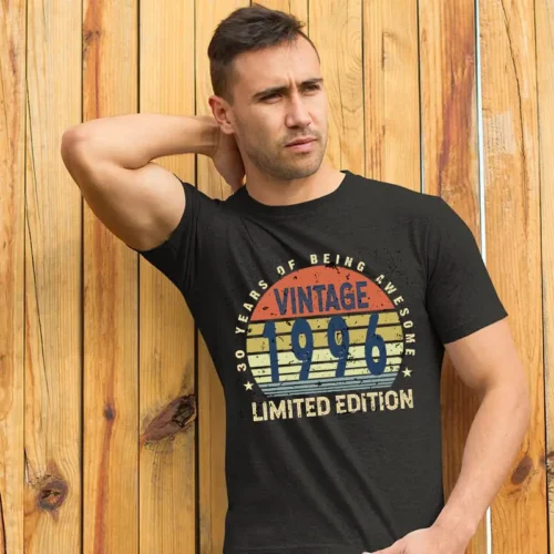 Men’s 30 Years of Being Awesome Birthday T Shirt in black with full-colour vintage 1996 graphic, regular fit, front view