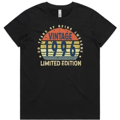 30 Years of Being Awesome ladies 30th birthday t shirt black with vintage 1996 limited edition print