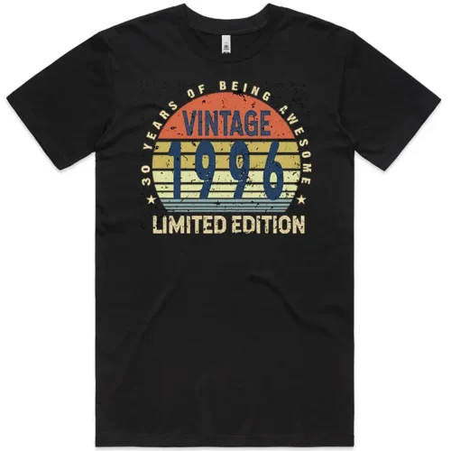 Men’s 30 Years of Being Awesome Birthday T Shirt in black with vintage 1996 graphic, regular fit, flat front view