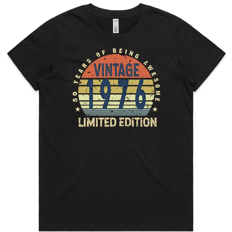 Black ladies 50th birthday T shirt with “50 Years of Being Awesome” design printed on the front