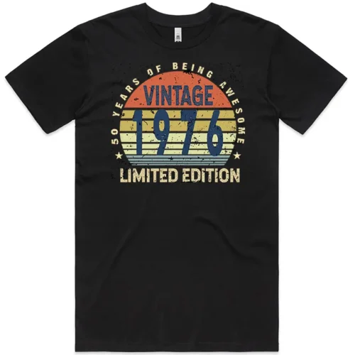 Black men’s 50th birthday T shirt with “50 Years of Being Awesome” design printed on the front