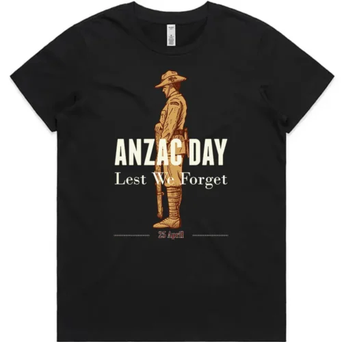 ANZAC Day black ladies t-shirt front view Lest We Forget Australia