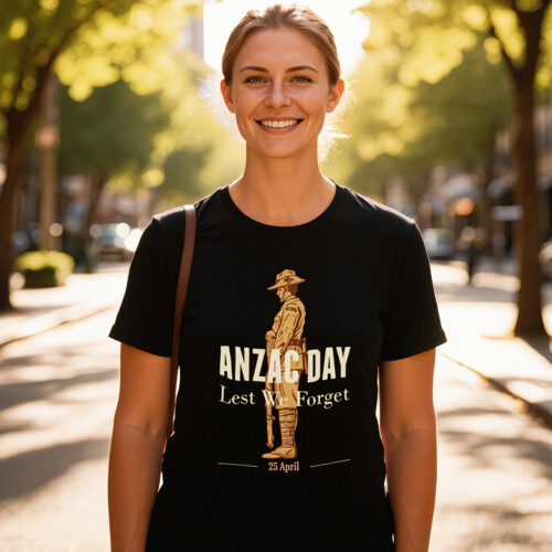ANZAC Day ladies t-shirt Australia black Lest We Forget design worn lifestyle