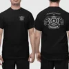 Men’s black Australian Rural Firefighter T shirt showing front chest emblem and large back print design