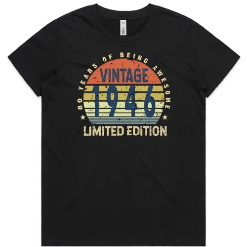 Black ladies 80th birthday T shirt with “80 Years of Being Awesome” design printed on the front