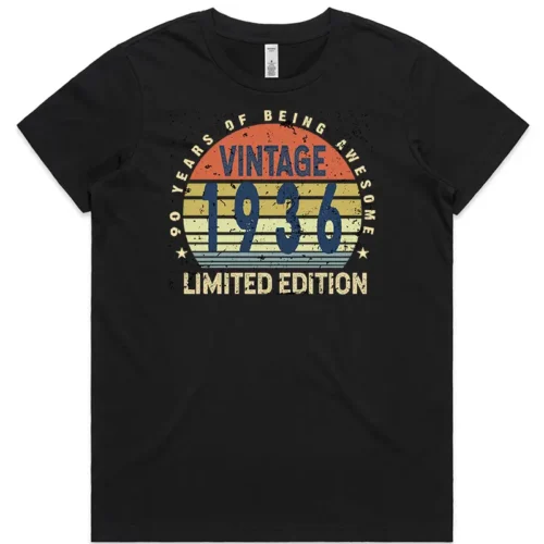 Black ladies 90th birthday T shirt with “90 Years of Being Awesome” design printed on the front