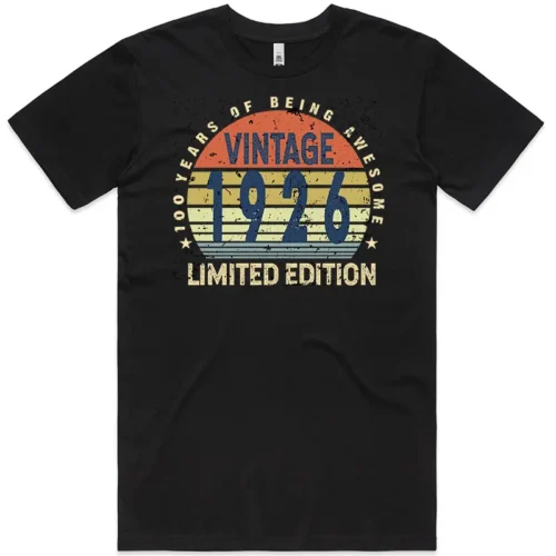 Black men’s 100th birthday T shirt with “100 Years of Being Awesome” design printed on the front