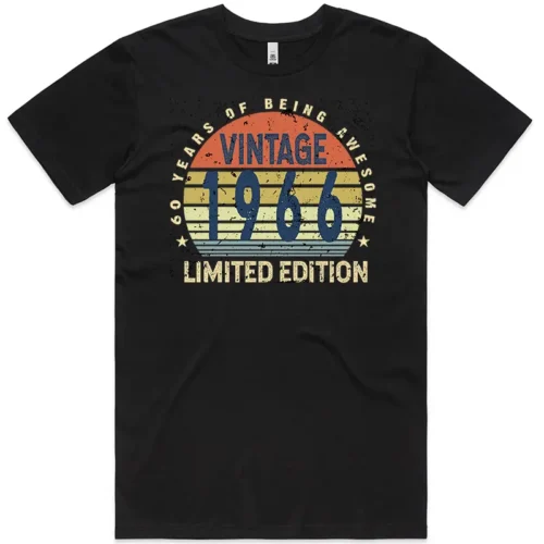 Black men’s 60th birthday T shirt with “60 Years of Being Awesome” design printed on the front