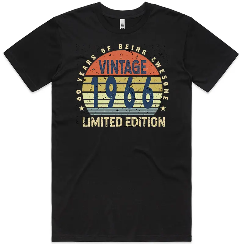Black men’s 60th birthday T shirt with “60 Years of Being Awesome” design printed on the front