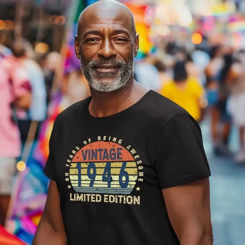 Older man wearing a black men’s 80th birthday T shirt with “80 Years of Being Awesome” design