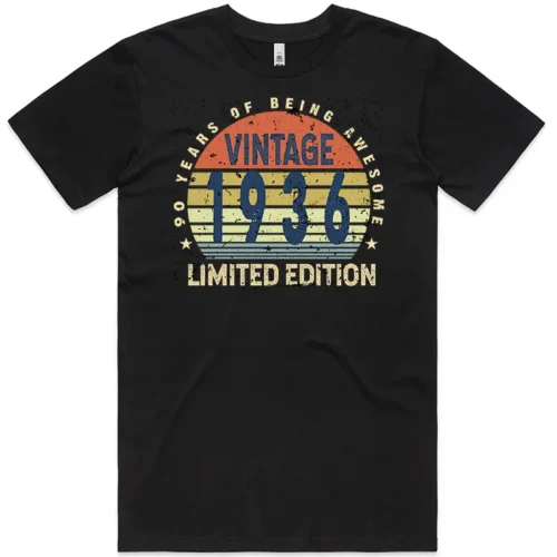 Black men’s 90th birthday T shirt with “90 Years of Being Awesome” design printed on the front
