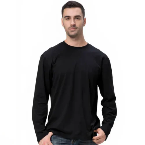 Black QUOZ blank long sleeve tee worn front view, combed cotton long sleeve t-shirt with regular fit