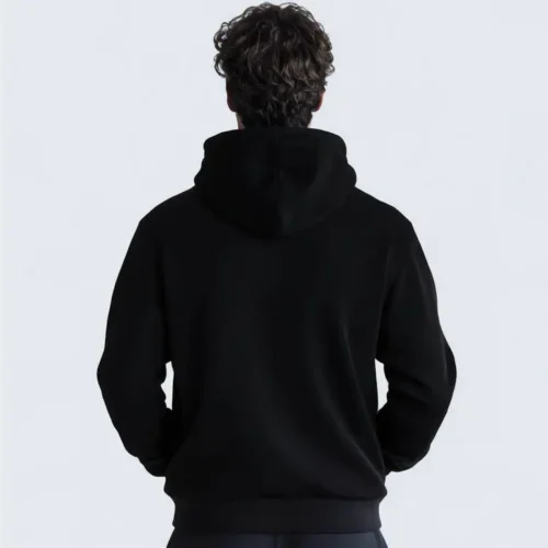 Black QUOZ blank unisex hoodie back view, heavyweight brushed fleece hoodie with lined hood and regular fit