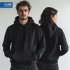 Black QUOZ blank unisex hoodie front and back view, heavyweight brushed fleece hoodie with kangaroo pocket and lined hood