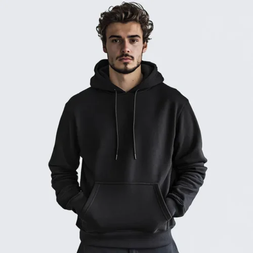 Black QUOZ blank unisex hoodie front view, heavyweight brushed fleece hoodie with lined hood and kangaroo pocket