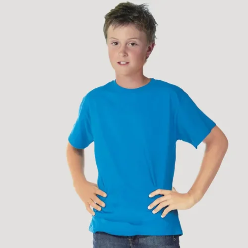 Front view of the QUOZ kids wave blank tee in blue, short sleeve cotton t-shirt
