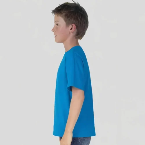Side view of the QUOZ kids wave blank tee in blue, short sleeve cotton t-shirt