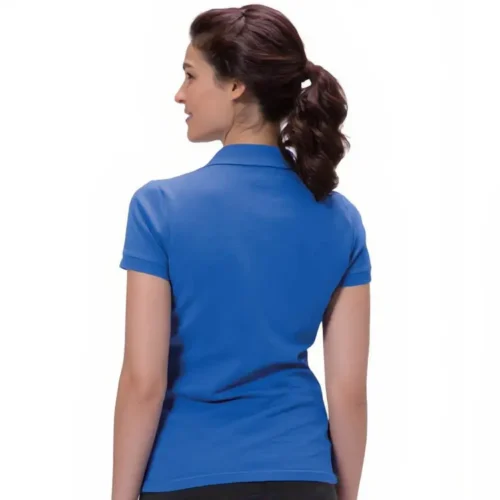 Back view of the QUOZ ladies polo shirt in royal blue, classic cotton pique polo
