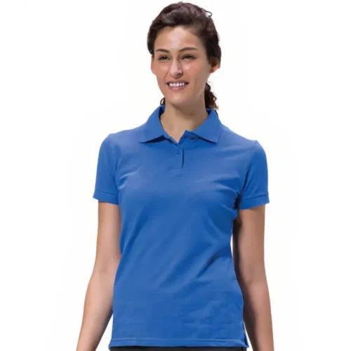 Front view of the QUOZ ladies polo shirt in royal blue, classic cotton pique polo