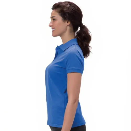 Side view of the QUOZ ladies polo shirt in royal blue, classic cotton pique polo profile