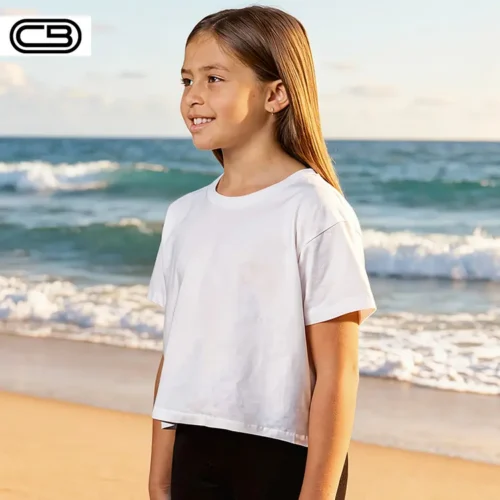 CB Kids Premium Crop Top in White with custom print, front view
