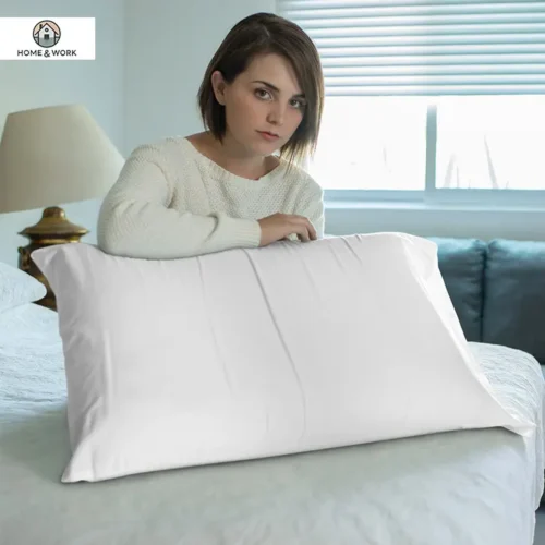 Cotton Pillow Case with custom print, lady on bed with white pillow