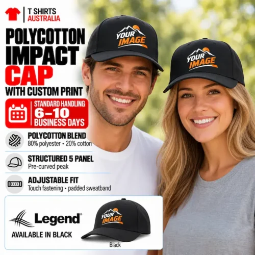 Couple wearing black Legend Polycotton Impact Caps with sample Your Image prints, alongside two cap product views