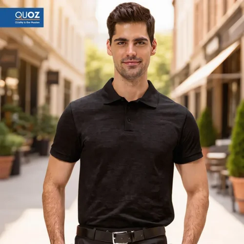 QUOZ Men Classic Polo in Black with QOZ Logo, front view on model