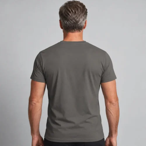 Back view of a man wearing a Steel Grey Printer 160 T-shirt available for custom printing