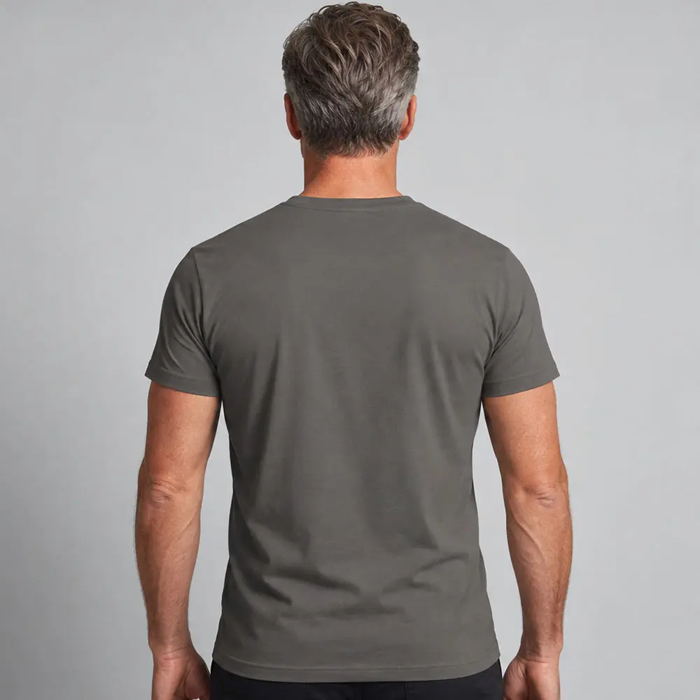 Back view of a man wearing a Steel Grey Printer 160 T-shirt available for custom printing