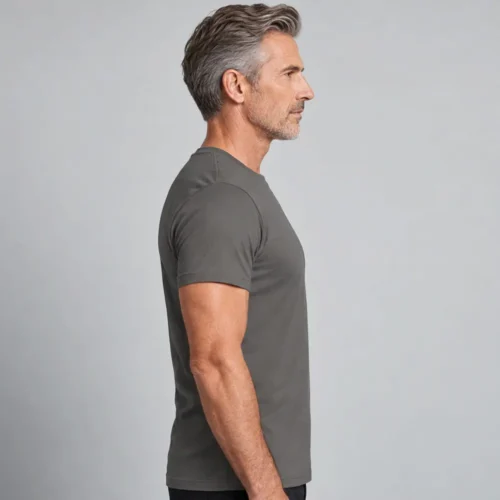 Side view of a man wearing a Steel Grey Printer 160 T-shirt available for custom printing