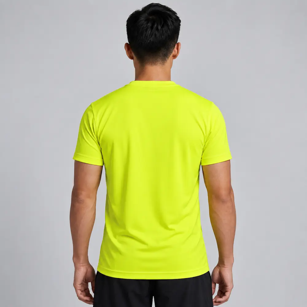Back view of a man wearing the Bright Yellow Printer Activewear PA408 Men’s Run Active Tee.