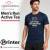 Man wearing a navy Printer Activewear PA408 Men’s Run Active Tee with a custom logo and image print placeholder.