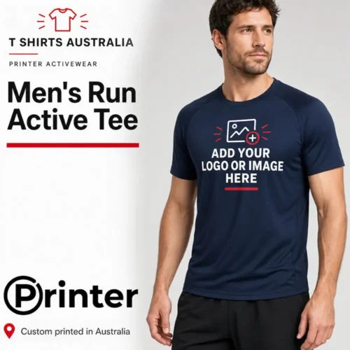 Man wearing a navy Printer Activewear PA408 Men’s Run Active Tee with a custom logo and image print placeholder.
