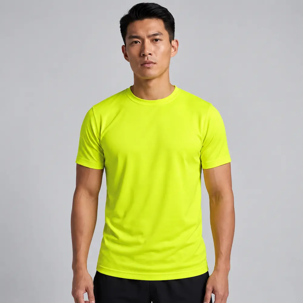 Front view of a man wearing the Bright Yellow Printer Activewear PA408 Men’s Run Active Tee in lightweight polyester.