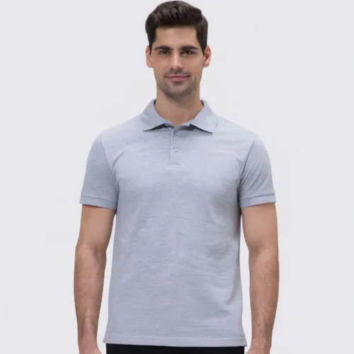 QUOZ Men Classic Polo in Heather-Grey, front lifestyle view on model