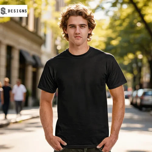S. Designs Block T-shirt in Black with custom print, main view