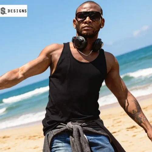 S. Designs Classic Singlet in Black with custom print, main view