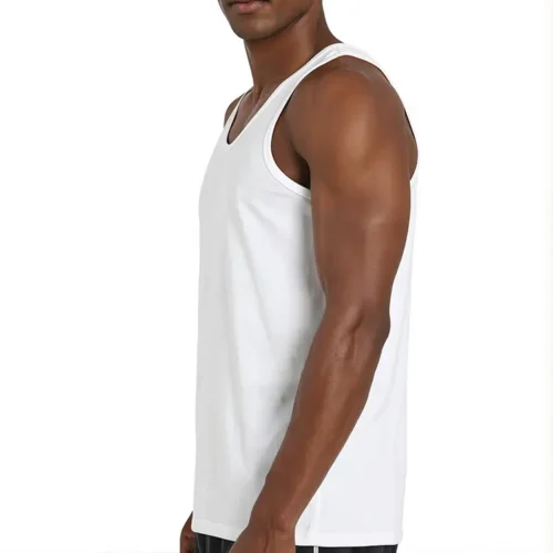 S. Designs Classic Singlet in White, lifestyle three-quarter view