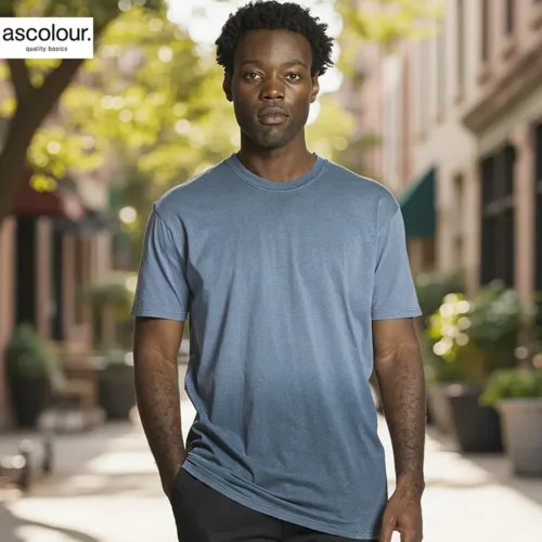 AS Colour Men Staple Faded T Shirt with custom print, Faded Blue, main lifestyle view