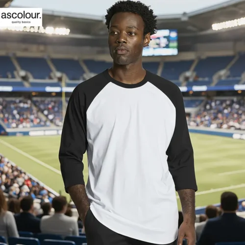 AS Colour Men Raglan T Shirt in White/Black with custom print, lifestyle view