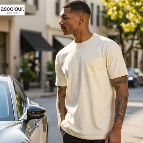 AS Colour Men Classic Pocket T Shirt with custom print, lifestyle view, Ecru