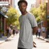 Custom printed AS Colour men’s basic Grey Marle T shirt, front view