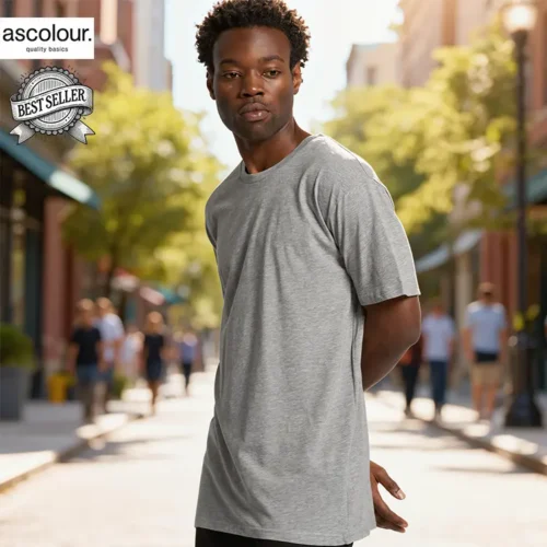 Custom printed AS Colour men’s basic Grey Marle T shirt, front view