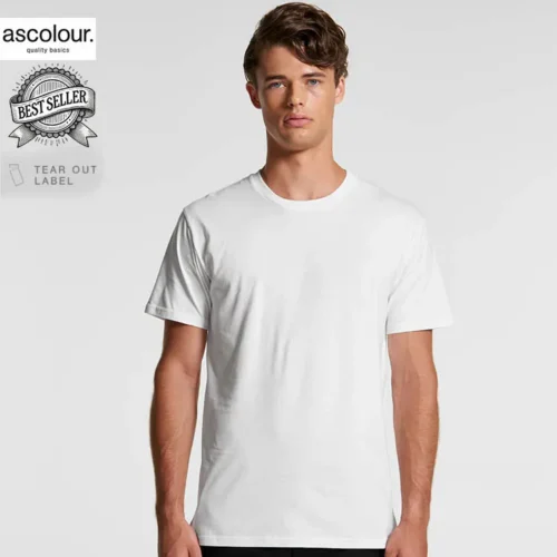Custom printed AS Colour men’s basic white T shirt, front view